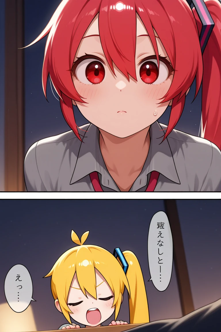 ((masterpiece))((Highest quality))girl、Laughing with your mouth open、blush、Flat Chest、Are thin、Blonde Hair、blush、Are standing、Whole body image、Eye level on face、、No background、Hair is two colors、Twin tails、Red Eyes、Two-tone red and yellow hair、Completely naked、Greeting with pussy、