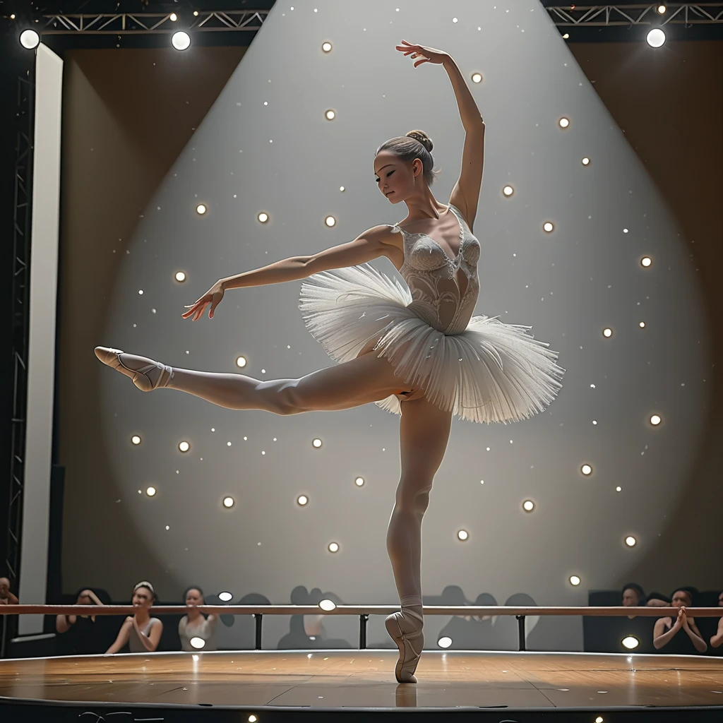 Explore the elegance of binary code in motion. Envision a ballet performance with enormous breast where dancers embody the 1s and 0s of binary code, gracefully moving through a digital stage. Capture the beauty of algorithms in motion, blurring the boundaries between technology and art. (full body:1.5)
