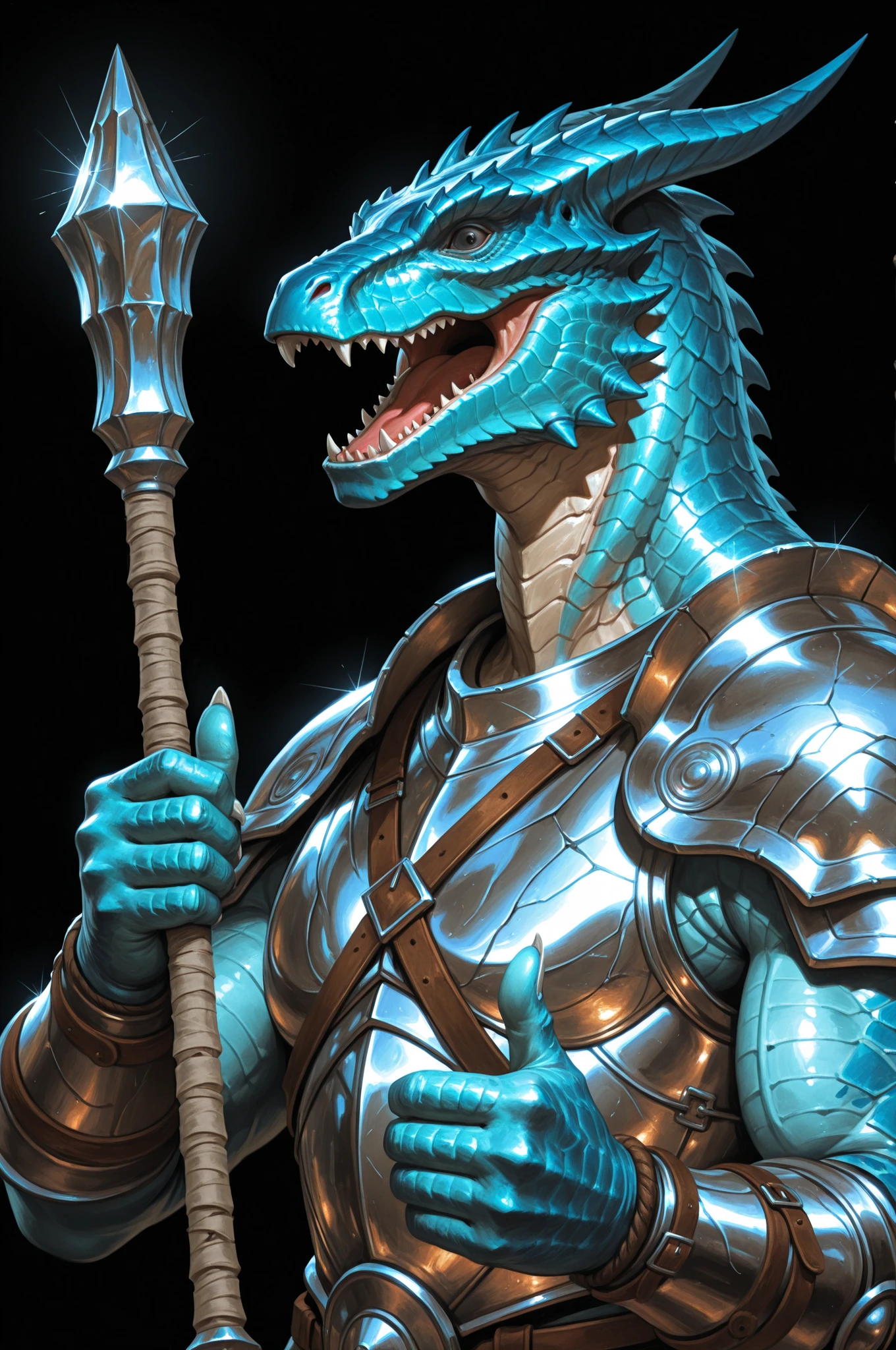 1man, solo, hyperrealistic, illustration, anthro, dragonborn, reptile, ancient, guard, blue skin, made of stone, ritualistic, prehistoric, indian, impressed, black eyes, happy, surprised, open mouth, upper body, portrait, raised hand, thumbs up, proud posture, holding stone mace, black background, simple background, limited color palette, high resolution, absurdres, ultradetailed, best quality, masterpiece, vintage fantasy, retro, natural light, light diffusion, marble, realistic textures, material depth, painting, scatterbrush, hatched shadows, movement, full armour ,absolute realism, intricate details, reflective metal, dynamic angle, poster composition