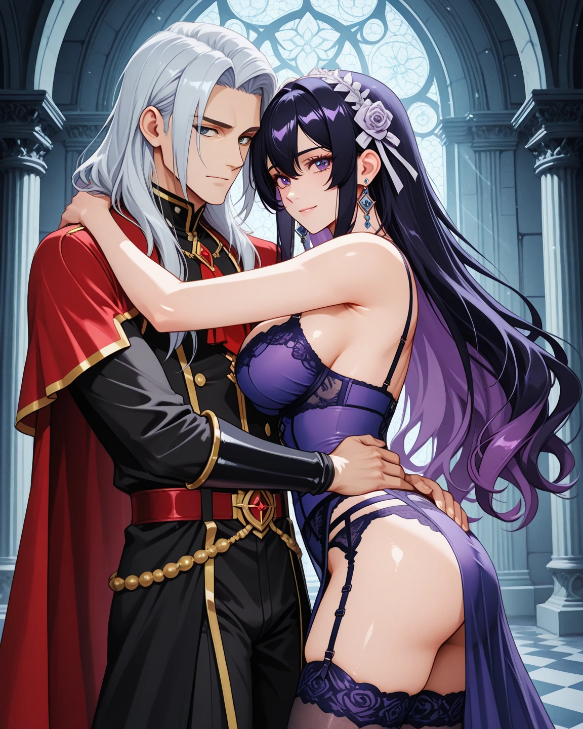 (nsfw:1.2), (Loose dress:1. 5), (Red deep plunge neck dress), Sideless, Purple Bob Kat, High leg long dress, Exquisite Luxury Room, ,Luxury mansion in the suburbs, View your viewers, Grin, Bangs, eye shadow, Low Ponytail, lipstick, correction, Beautiful delicate face, Beautiful small purple eyes, Bare shoulders, Red elbow gloves, Large Breasts, valley, necklace、Mistress spreads her legs for her sex slave maid to lick her clitoris、Sex slave maid with big breasts、
