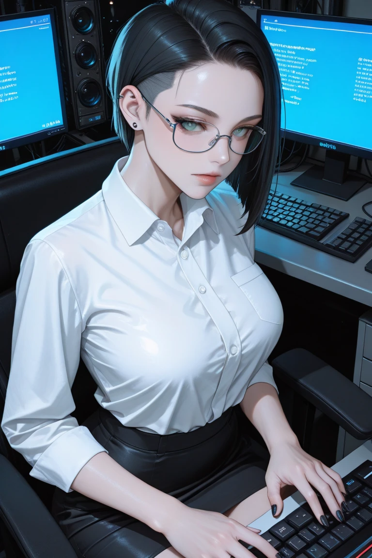 Pretty Brunette Office Girl, at reception desk, tight white t-shirt, glasses, Pony-tail, Looking directly at camera, POV.