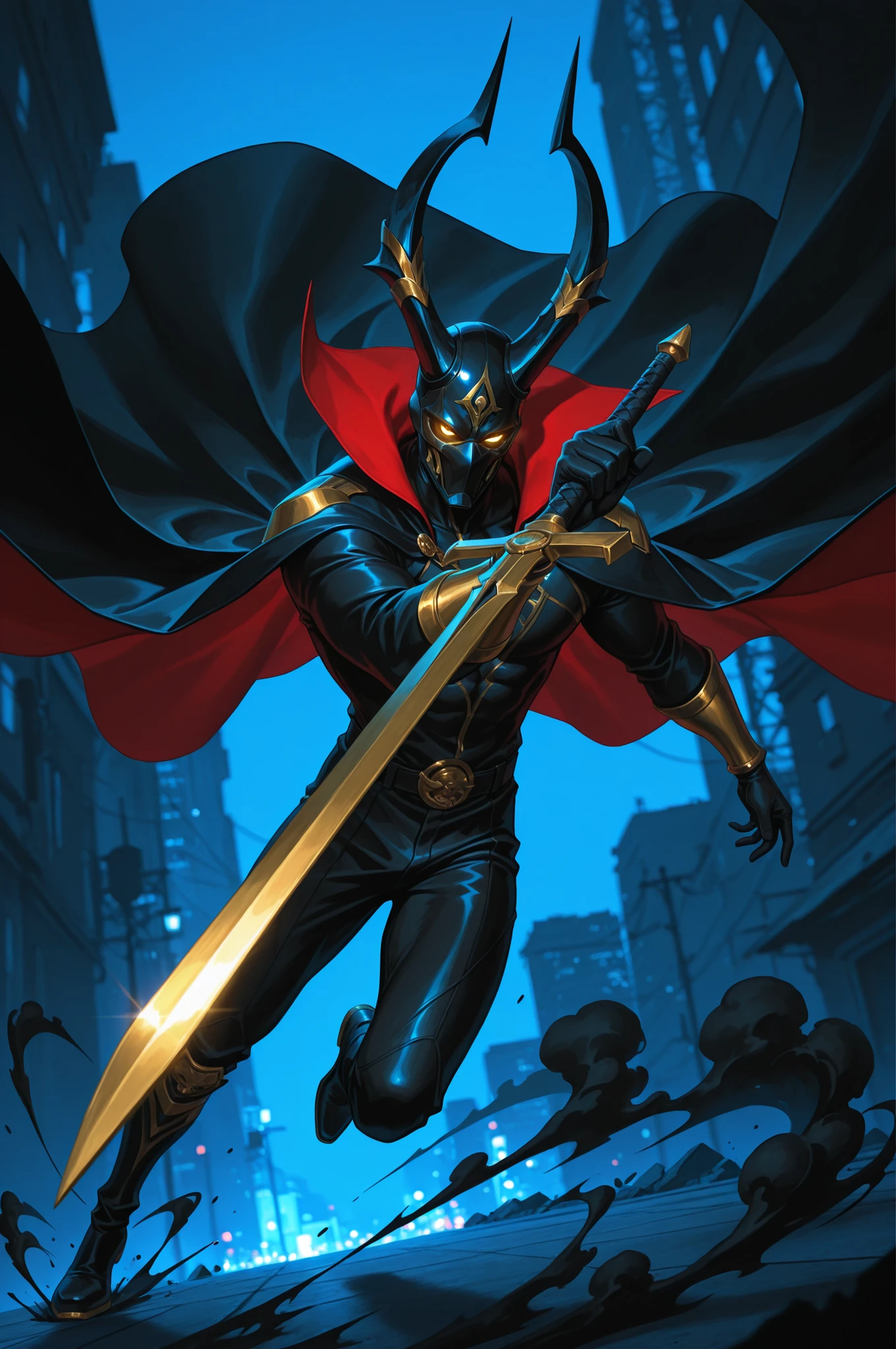 (masterpiece, best quality, absurdres, highres), amazing quality, very aesthetic, volumetric lighting, digital art style, drawn aesthetic, concept painting, ultrahigh definition, dark blue lighting, detailed, intricate details, red low key lighting, newest,1boy, male focus, mask, gold and black theme, simple background, blue background, dynamic pose, action pose, black hair, black attire, urban wear, gold, jewelry, horns, golden eyes, eyelashes, looking at viewer, smoke, glowing eyes, action shot, dynamic pose, high angle, full body, black smoke, chaos, holding sword, image depth, dynamic angle, long cape, cap, foreshortening, blurry background, dark lighting, dark background, dof, depth of field, detailed line work, low key, dramatic lighting, dark theme