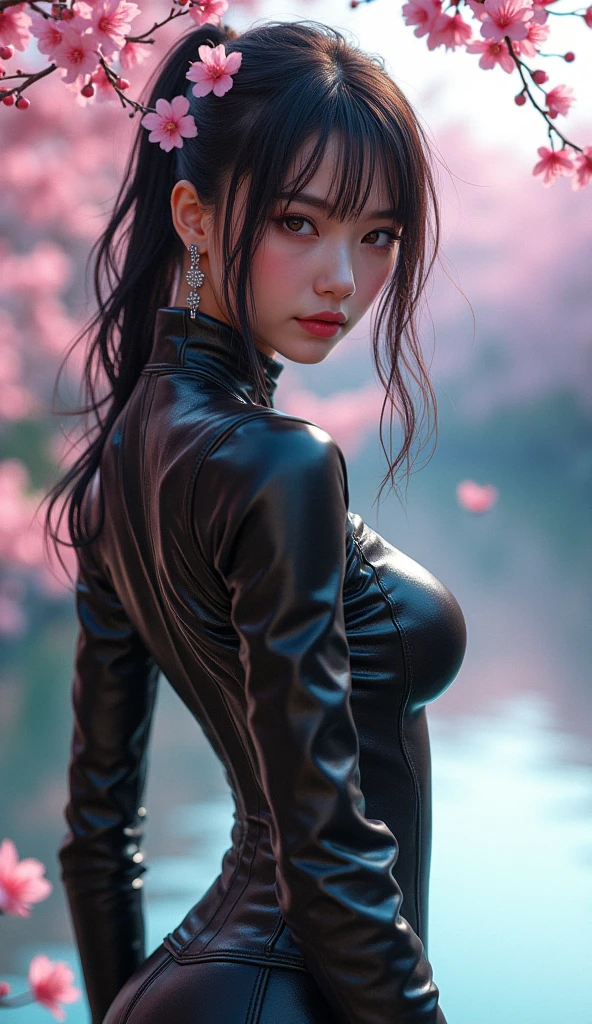 (masterpiece: 1.2), (best quality: 1.2), (highly detailed: 1.3), (intricate detail), highres, best illustration, perfect lighting, forest, warm colors, sunlight, sunrays in forest, warrior monsters, wind breeze, full body, full body shot, perfect face details, detailed eyes, detailed background, realistic photo, (sharp focus: 1.2), ((looking at camera: 1.2)), solo, 1 girl, ninja woman, black hair ninja, perfect human anatomy, perfect legs, perfect arms, perfect face, ((realistic hands: 1.3)) long platinum hair, crown braid in hair, female clothing, sexy ninja outfit, little armor, long leather pencil dress, feel garter, black gloves with gold accents, ninja swords, flashy neckline, seductive appearance, sexy body lines, human hands, attractive female body, (stylish and sexy ninja uniform: 1.2), female boot, hard , woman with closed mouth, green iris, looking at viewer, perfect lighting, epic realism