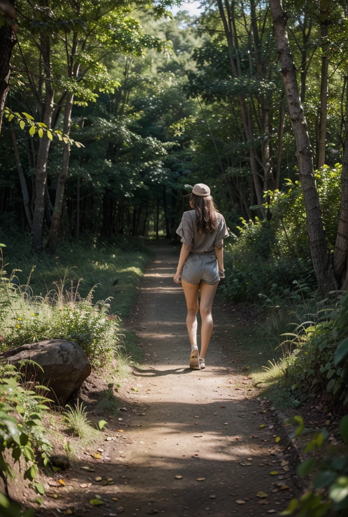 The back view of a young, beautiful, naked Japanese woman walking through a dark, fresh green forest. Focal length 100mmf/2.8, spring day, cloudy, fresh green forest, dark forest, slight sunlight filtering through the trees, ideal light source, long hair, toned body, naked, clean legs, bare feet, realistic feeling, 8K image quality, highest quality.