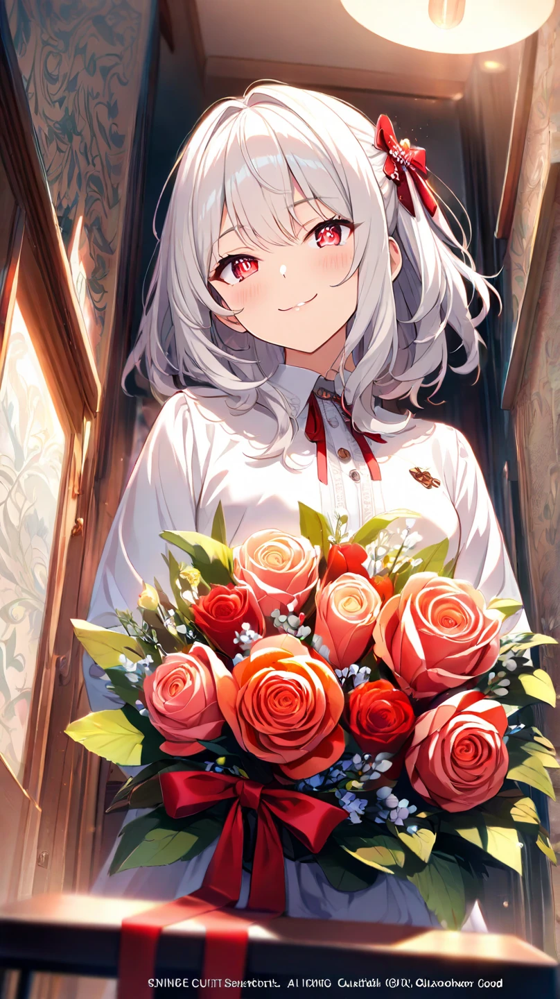 akaihaato, 1girl, white aodai, photo art, (flower), a stunning photo with beautiful saturation, ultra high res,(realistic:1.4)),deep shadow,(best quality, masterpiece), pale skin, dimly lit, shade, flustered, blush, highly detailed, skinny, BREAK depth of field, film grain, wrinkled skin, looking at viewer, warm smile, (upper body), masterpiece,ultra realistic,32k,extremely detailed CG unity 8k wallpaper, best quality