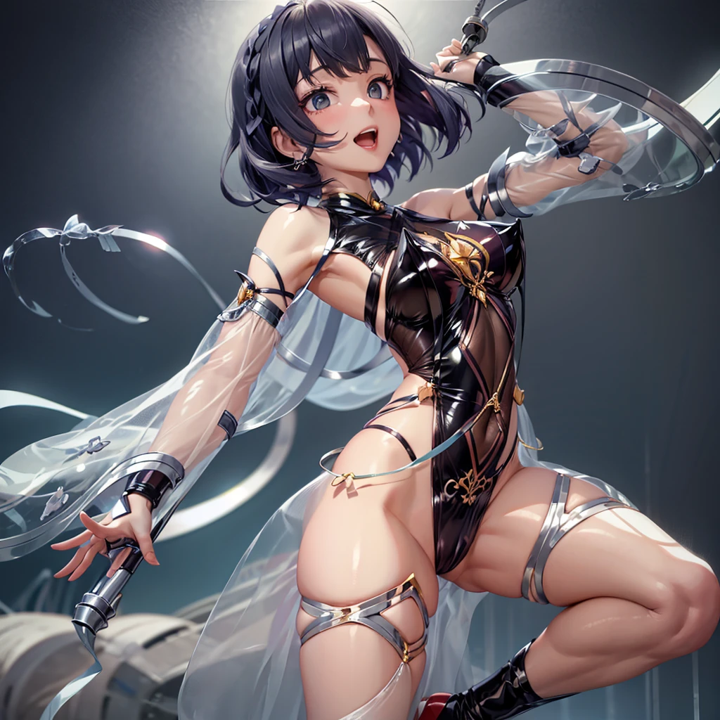masterpiece, very short pigtails,brown hair, Hair tie with two big red clothespins, mature, Female robot, android, mechanical robot, joint seam, with blue ocarina, blue eyes, full body figure, Height: 160cm, Light beige dress, fluttering skirt, skirt turned up folds, Uplifting, flushed cheeks, 2020s anime picture,ball joint, missionary angle, joy, A big smile, Cream-colored plain dress jump A beautiful robot with short brown hair in two short pigtails held up by two large red clothespins. Faint lines at joint joints 25 years old 2020s anime picture blue eyes Uplifting fluttering skirt notNSFW, No NSFW, whole body, Beige kantogi, spread legs, Eyeballs pop out, uterine prolapse, leaning over