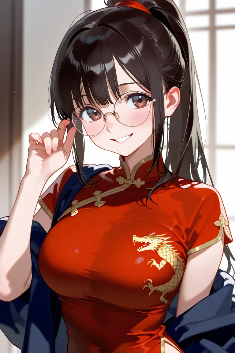 (High quality, High resolution, Fine details), standing in front of a brick wall, traditional Chinese dress, wearing glasses, solo, curvy adult women, sparkling eyes, (Detailed eyes:1.2), smile, blush, Sweat, Oily skin, Soft tones, shallow depth of field