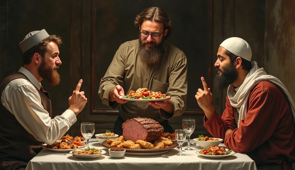 Jesus blessing union jacks and sausage rolls in a bakery. Two obese bald men with a greasy appearance are knelt before Jesus with their heads bowed.