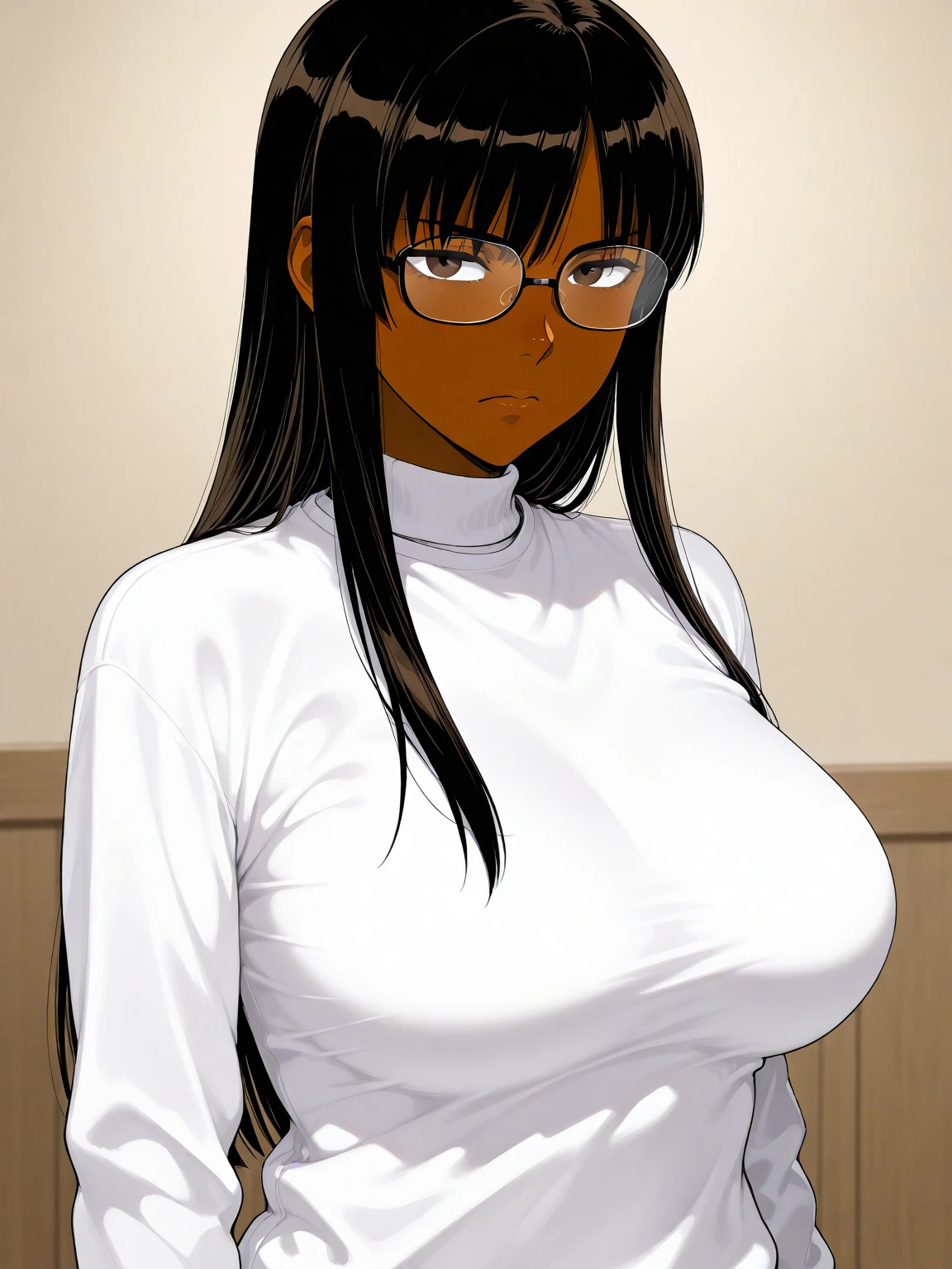 ((best quality)), ((masterpiece)), solo, 1girl, brown dark skin, black glasses, white hair, long hair, straight hair, forehead, (slicked back hair), hairline, nude, nipples, black eyes, 16 years old, girl, large breasts, delicate beautiful face, black eyebrows,
