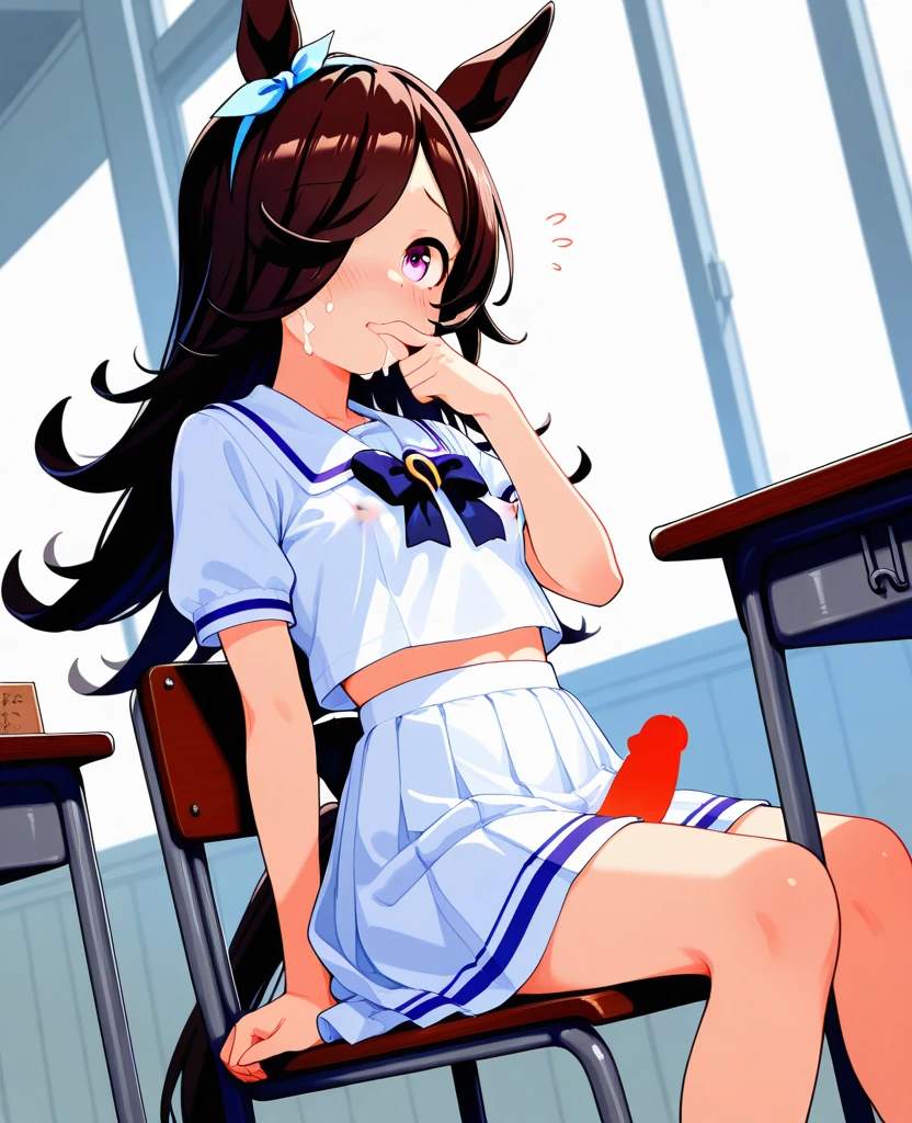 handjob,Sit in a black chair,side view,Short sleeve shirt,Checked tie,Checked Skirt,Navy Socks,first round,(1girl,Beautiful 14 year old girl),((Slender,,low length,Small breasts,Thin legs,Small Ass,Baby Face,Small face)),lick,open mouth,tongue out,cum on tongue,front face,from front,looking at viewer, looking ahead,from above,cowboy shot,Black Hair,two side up,Gray Eyes,Drooping eyes,slit pupils,narrow eyes.middle School girls,Beautiful and detailed anime art,Mischievous smile,Sexy vibe,Dimly lit room,Simple Background,Gray background,Low lighting