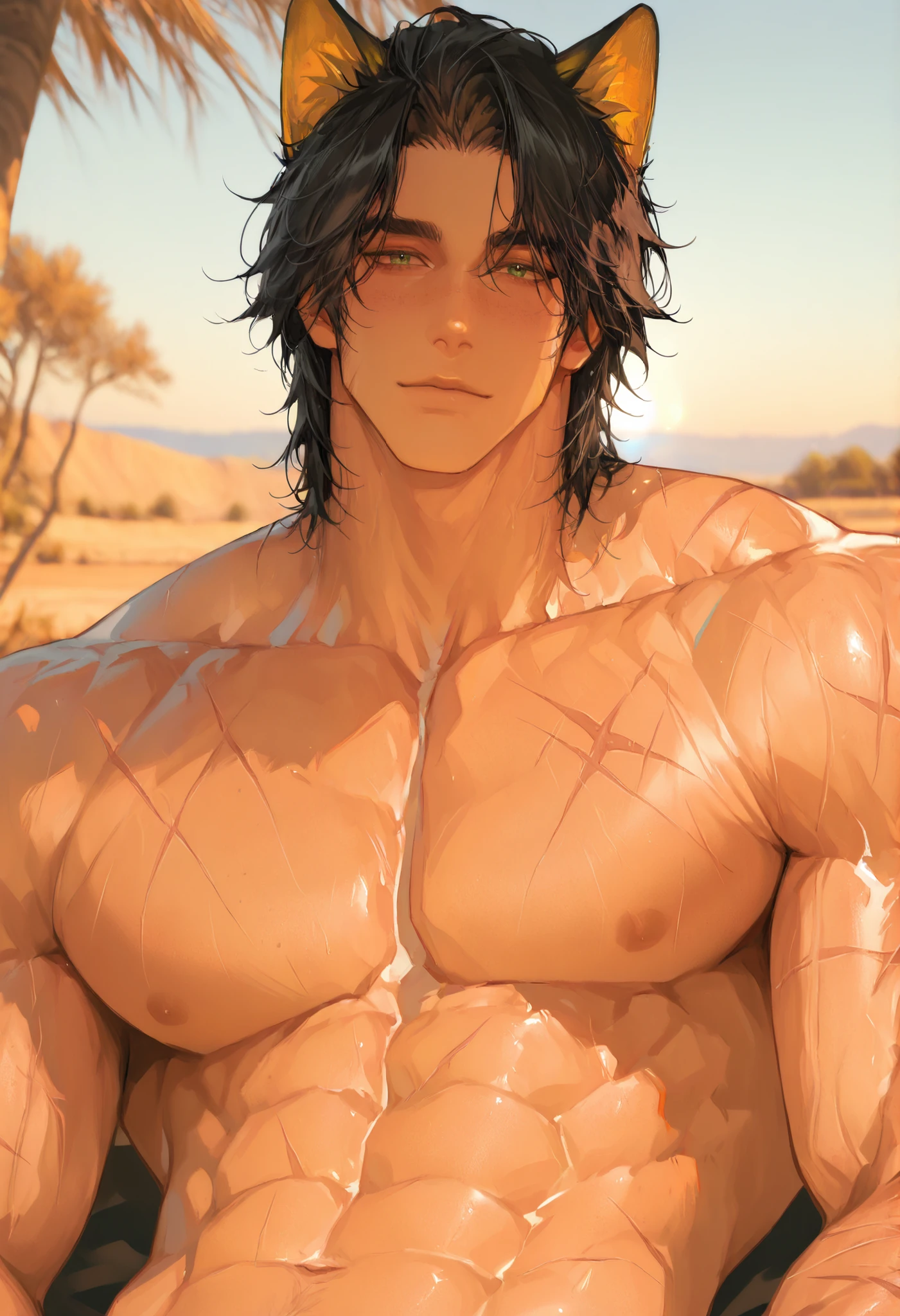 Head to knees image, close image (1man, shirtless, ripped muscles, topless, massive)), jet black dark hair, hair moved by the wind, short hair with bangs that fall over the forehead and on both sides of the face, masculine, human, attractive, handsome (detailed face, perfect face) ((extremely realistic shadows, masterpiece, extremely detailed, photorealistic), ((22 year old young man)), broad shoulders, huge, muscular pecs, strong man, bodybuilding posture, carefree expression, mischievous smile, huge, muscular body and Massive, bulging pecs, muscular abs, narrow waist, short hair, blue eyes, delicate big eyes, open your eyes ((detailed eyes)) Ruins of a Jedi temple with a rocky dbeach, Jedi style baggy brown pants and light brown cloth belt. Extremely muscular tall man