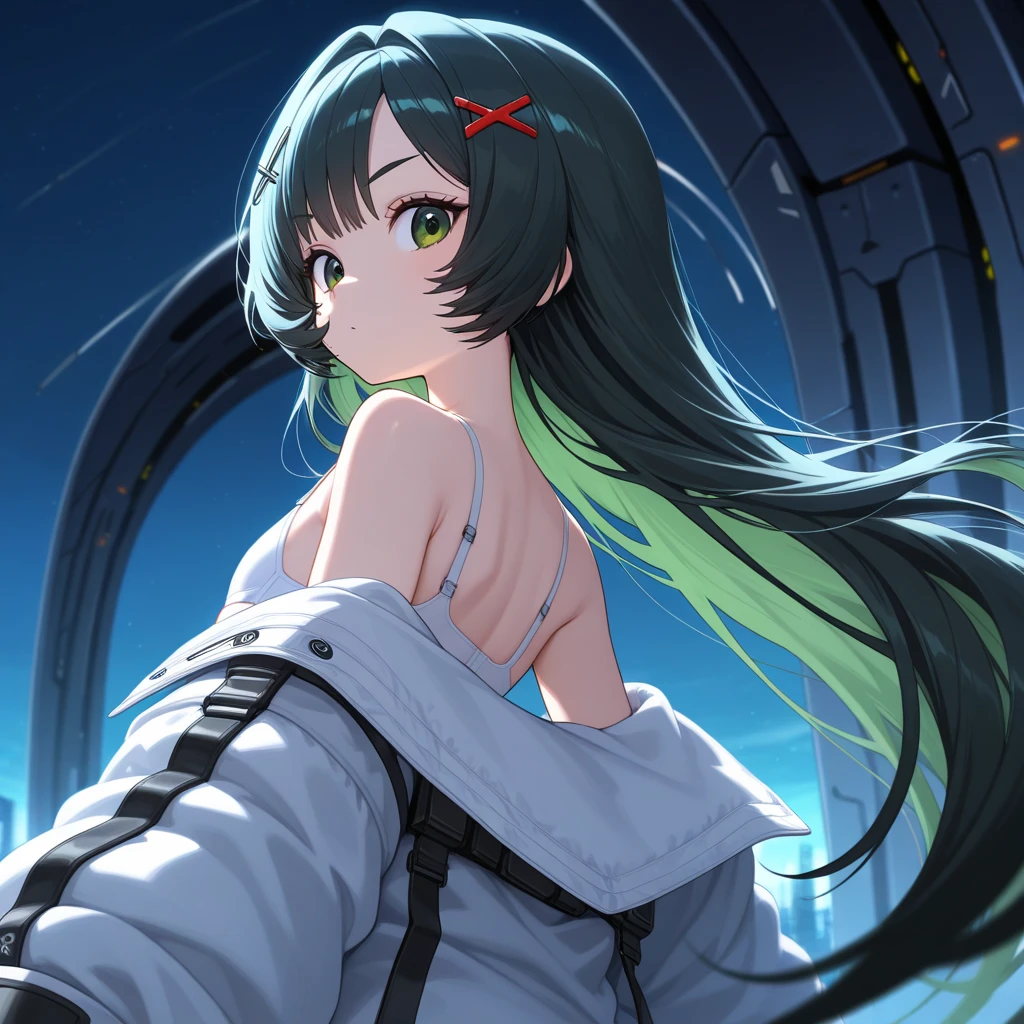 (masterpiece、highest quality、highest quality、Official Art、Beautiful and beautiful:1.2)、(One girl:1.3)Hatsune Miku、Twin tails,Big Breasts,(((masterpiece))), (((highest quality))), (((Flying in Space))), (((whole body))), (((From below))), (((Twin Buster Rifle))), (((Gatling Gun))), (((Colorful giant beam impact))), (((Firing))), (((Shine))), (((force)), (((electricity))), ((Colorful mechanical wings)), (((Light mint green Chinese dress))), ((Off the shoulder)), mini skirt, ((leggings)), Earth \(planet\), (((planet))), alone, One girl, (((Big Breasts))), Very long black hair, Hair Clip, ribbon, Open your mouth, Sweat, shy, blush, ((Slim figure)),