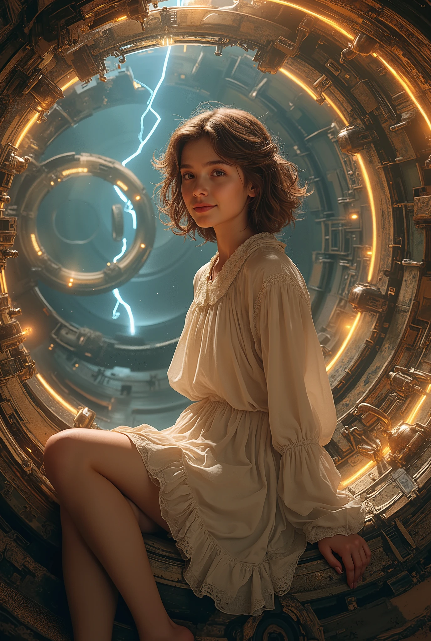 highly detailed, 8k, masterpiece, One girl, brown frills_hair_tube, dress, bend_that's all , Grin, (perfection_face), Sitting, machine, Brilliant, Complex, Dramatic lighting, 4K, detailed_background, Caustics, full_body, (Surreal:1.3), bloom,(Beautiful lighting:1.3), Caustics, Dynamic Lighting, Beautiful lighting, (Dakota Fanning:0.5)