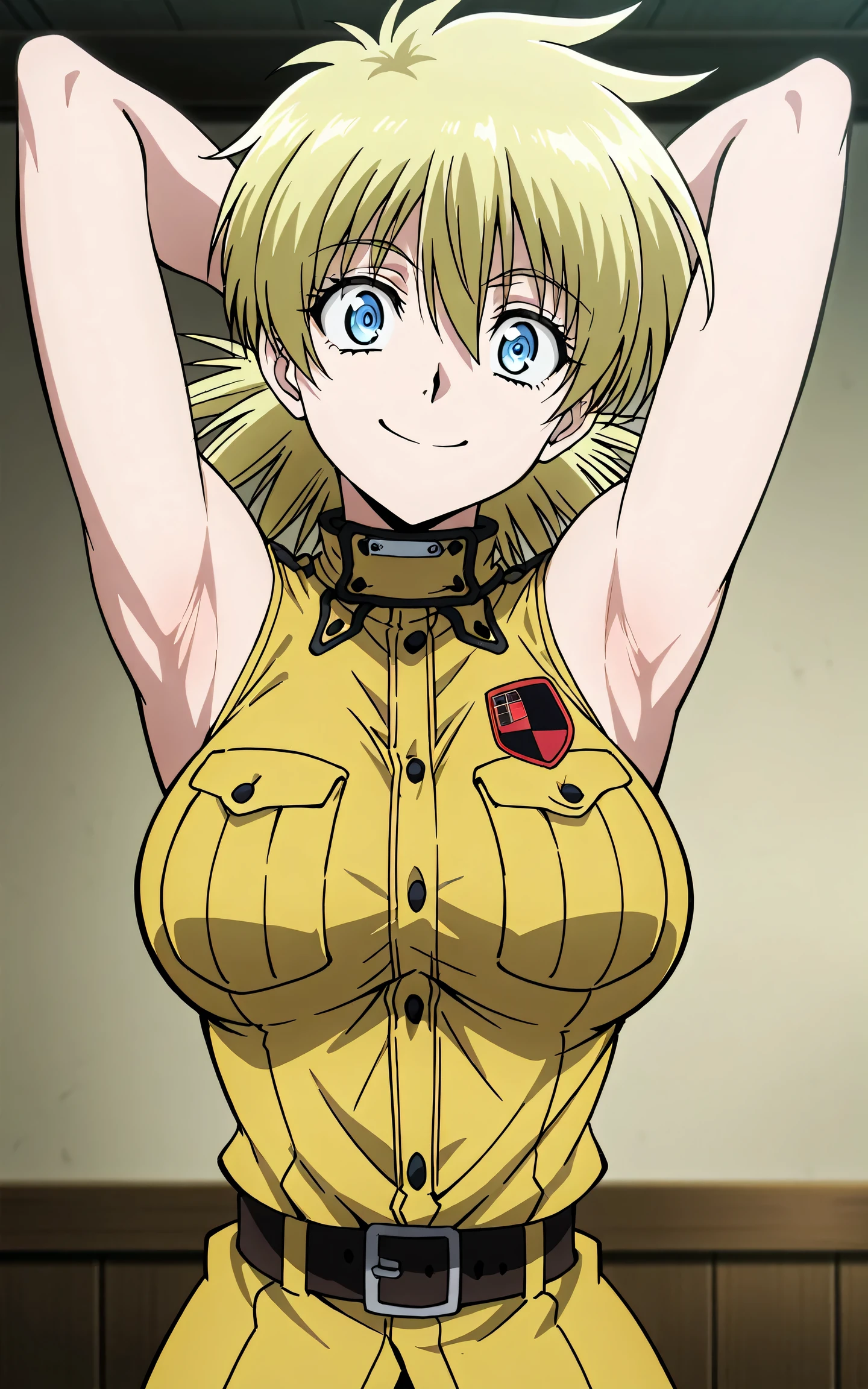 masterpiece, best quality, amazing quality, anime screencap, anime coloring, 1girl, solo, seras victoria, blonde hair, blue eyes, military uniform, yellow uniform, belt, sleeveless,  shoulders,  arms, arms behind head, armpits, armpits focus, head towards viewer, looking at viewer, direct eye contact, smile, confident, closed mouth, indoors, 