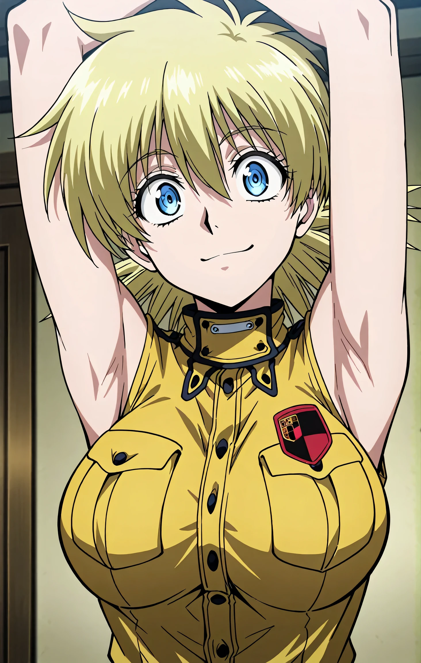 masterpiece, best quality, amazing quality, anime screencap, anime coloring, 1girl, solo, seras victoria, blonde hair, blue eyes, military uniform, yellow uniform, sleeveless,  shoulders,  arms, arms up, raised arms, armpits, armpits focus, head towards viewer, looking at viewer, direct eye contact, smile, confident, closed mouth, indoors, 
