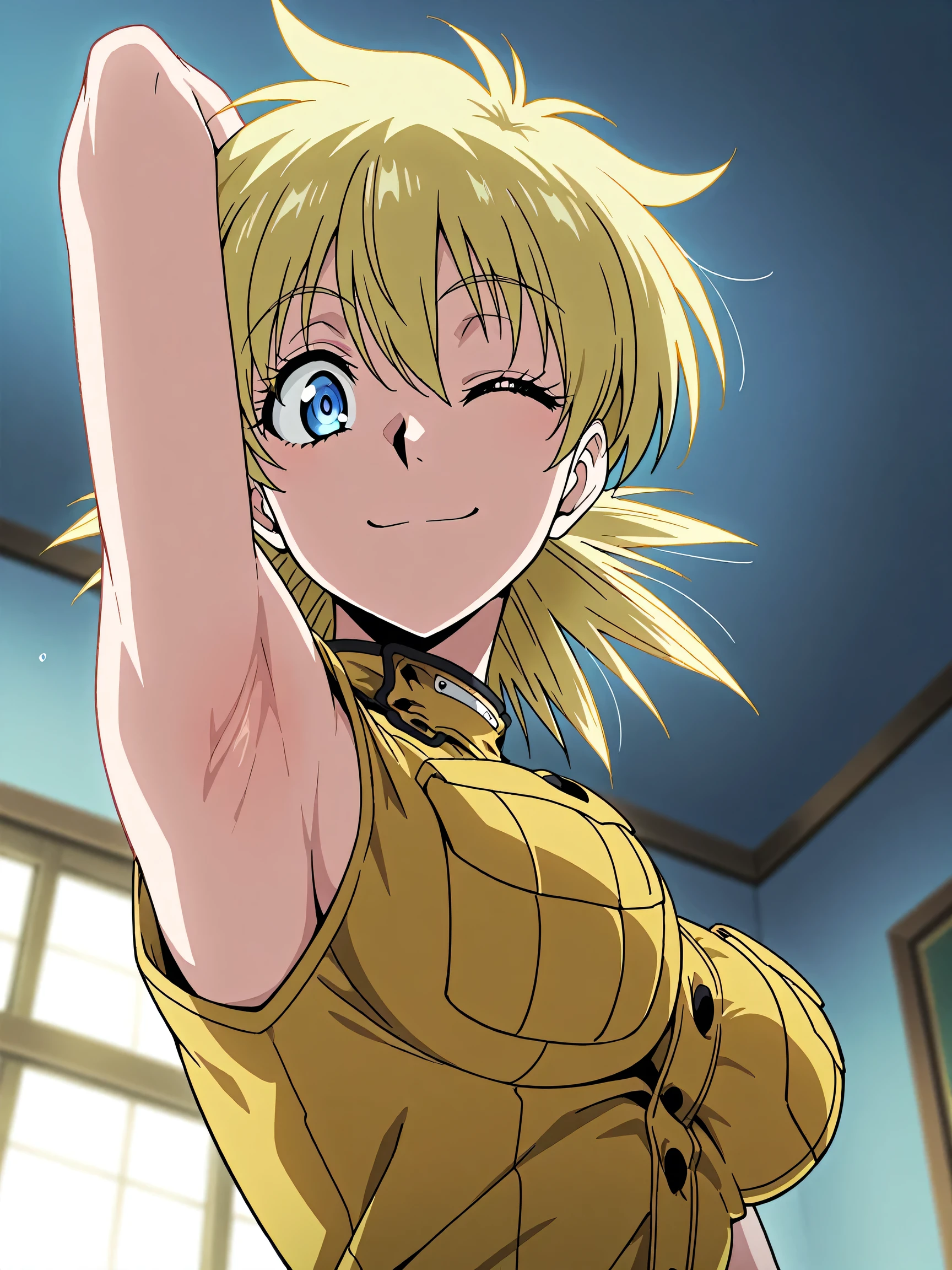 masterpiece, best quality, amazing quality, anime screencap, anime coloring, 1girl, solo, seras victoria, blonde hair, blue eyes, military uniform, yellow uniform, sleeveless,  shoulders,  arms, arm behind head, armpit, armpit focus, head towards viewer, looking at viewer, direct eye contact, smile, confident, closed mouth, indoors, (wink:1.2), from side, from below 