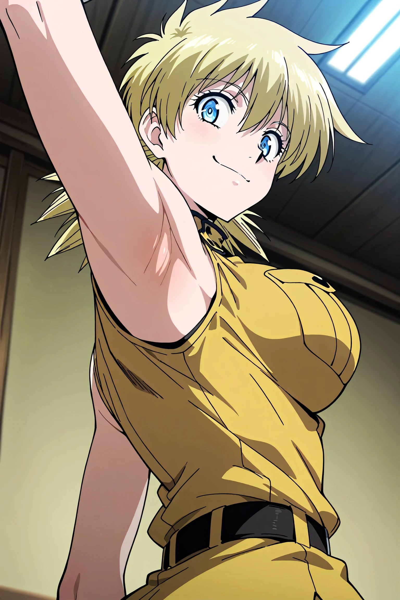 masterpiece, best quality, amazing quality, anime screencap, anime coloring, 1girl, solo, seras victoria, blonde hair, blue eyes, military uniform, yellow uniform, sleeveless,  shoulders,  arms, arm up, raised arm, armpit, armpit focus, head towards viewer, looking at viewer, direct eye contact, smile, smug, confident, closed mouth, indoors, from side, from below,  