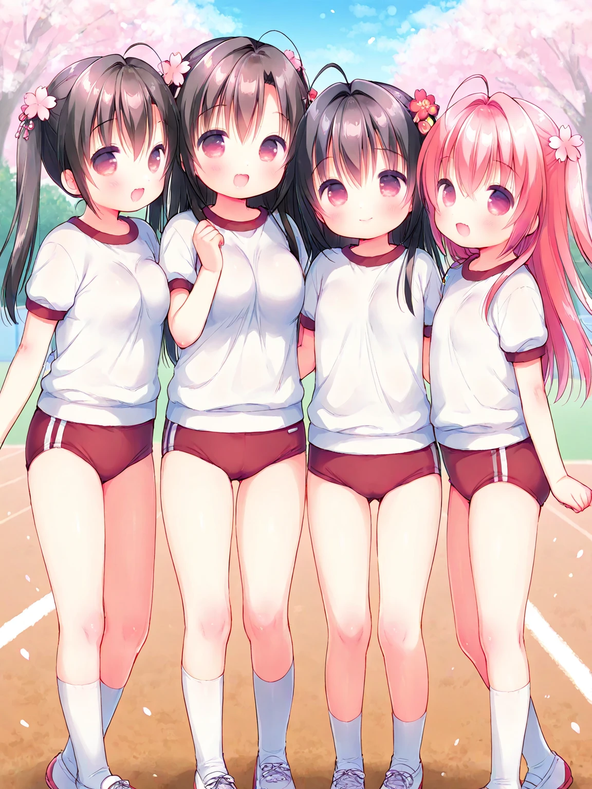 Very detailed, Highest quality, High resolution, Moe Anime, ((Three little girls in gym clothes hugging each other:1.2)), (Black Hair:1.4), (Baby Face), Cute eyes, Detailed eye depiction, Eyes sparkling, Dark eye color, View your audience, Pale skin, (Big eyes:1.4, Droopy eyes:1.4, Torogao:1.4), Focus on the face, In the park with cherry blossoms falling, ((Bloomer)), ((camel toe)), ((The lower half is naked)), Bright Eyes, ((Nipples are visible through the fabric)), ((Petite)), ((Young)), ((nsfw:1.2)), (Flat Chest:1.4), ((Different hairstyles:1.4)), smile, (Slightly below:1.4)