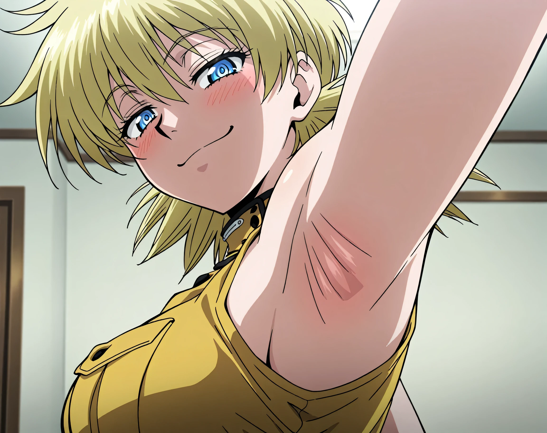 (masterpiece, top-quality, detaile, hight resolution, extremely delicate and beautiful, anime screen cap, anime colours, 8k, photorealistic), (nude:1.5, inverted nipples:1.5), (sagging huge breasts:1.8, spread breasts:1.5), Android 18, blond short hair, smile, blush, ((lying, on back:1.5, upper body:1.5, slim:1.5)), breast focus, looking away:1.2, ((perfect detailed anatomy, Beautiful eyes&hair, beautiful face, beautiful breast&body, Shiny skin)), bed, Sweat,