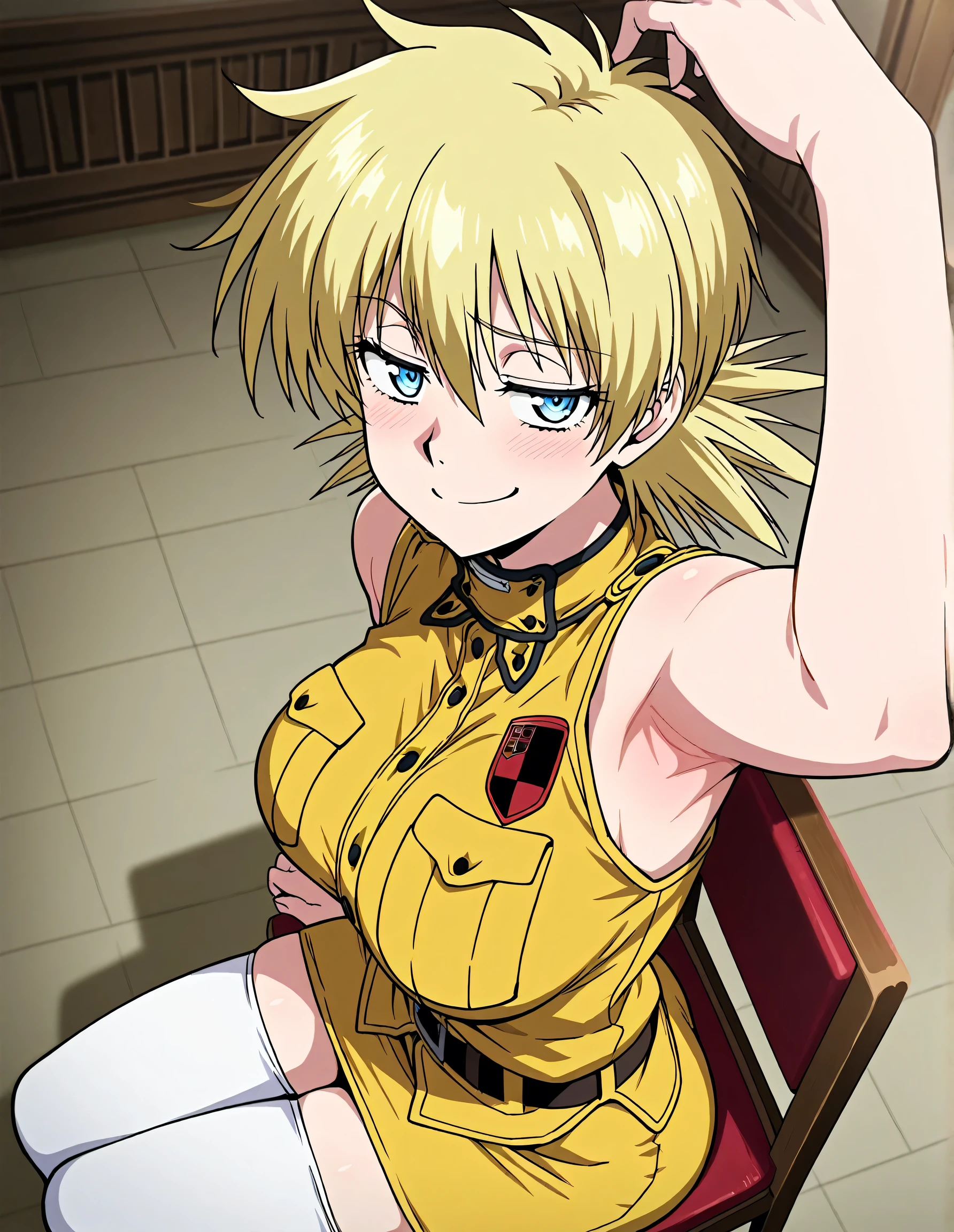 masterpiece, best quality, amazing quality, anime screencap, anime coloring, 1girl, solo, seras victoria, blonde hair, blue eyes, military uniform, yellow uniform, sleeveless,  shoulders,  arms, arm on head, armpit, armpit focus, head towards viewer, looking at viewer, direct eye contact, smile, smug, half-closed eyes, blush, confident, closed mouth, indoors, from side, from above, sitting on a chair, yellow miniskirt, belt, white thighhighs