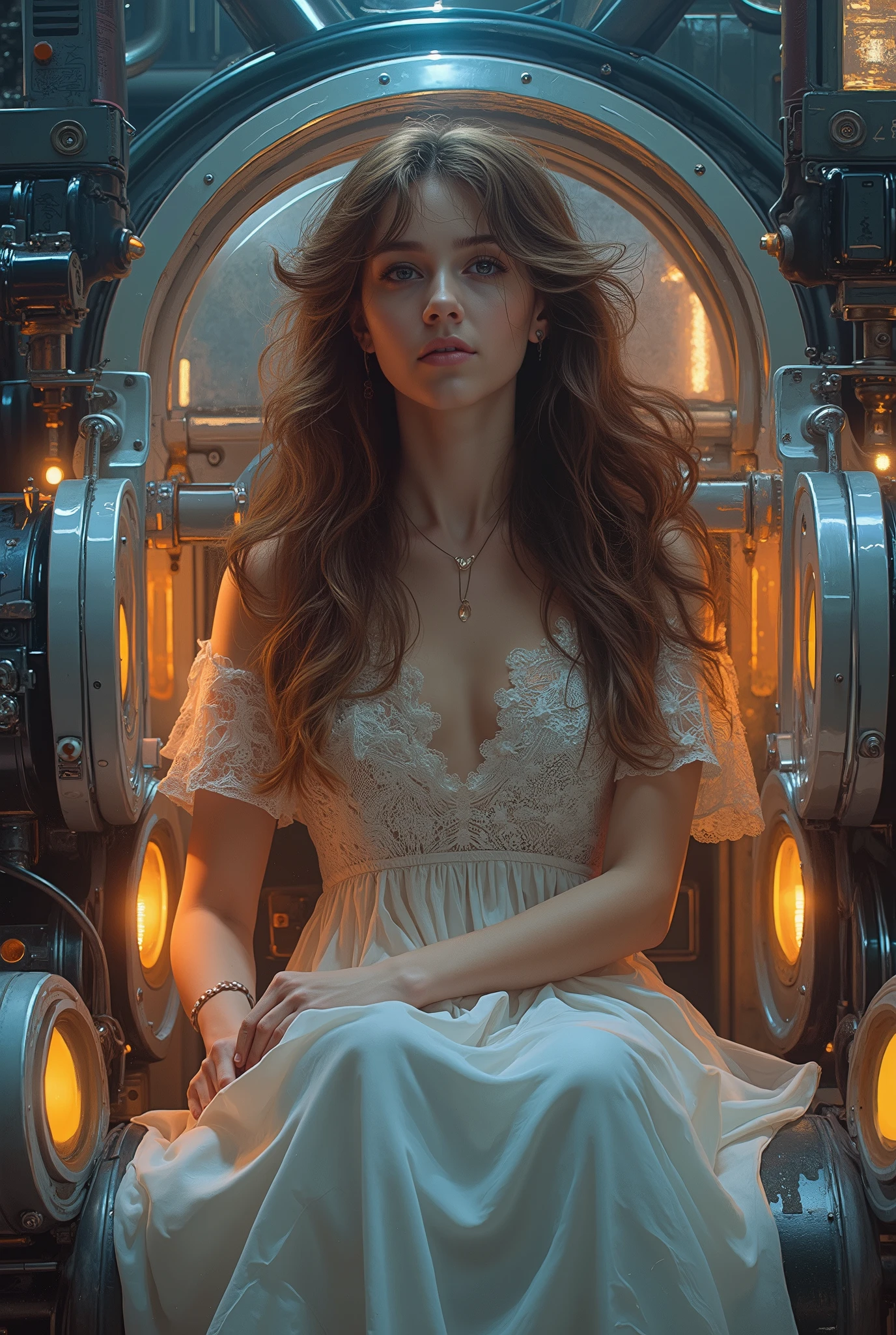 highly detailed, 8k, masterpiece, One girl, brown frills_hair_tube, dress, bend_that's all , Grin, (perfection_face), Sitting, machine, Brilliant, Complex, Dramatic lighting, 4K, detailed_background, Caustics, full_body, (Surreal:1.3), bloom,(Beautiful lighting:1.3), Caustics, Dynamic Lighting, Beautiful lighting, (Dakota Fanning:0.5), neon colored,
