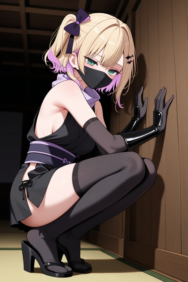 dark blue hair,,long hair,purple eyes,pointy ears,elf,tall,black tight body suit,bondage,tied up,bound,tied wrist,tied legs,blindfold,blush,wet,sweat,rope.collar,leash