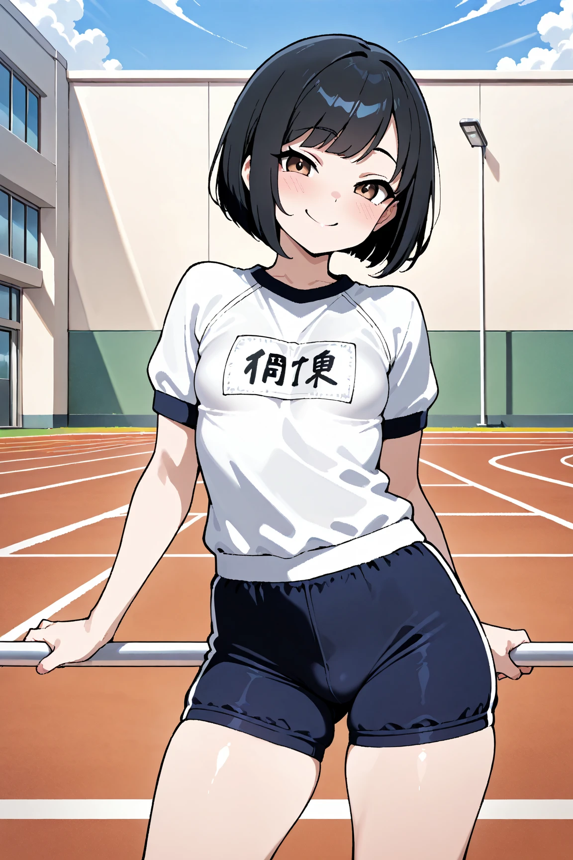pieces fly、masterpiece、highest quality、Super detailed、High resolution、High resolution、8K portrait、Unity 8k壁紙のHigh resolutionCG、unity 8k wallpaper、cute:1.5、:1.5、Highly detailed CG unity 8k wallpaper、realistic、real person、cute、 portrait photography、shiny skin、High resolution、((10 years old:1.8))、:1.5,(1 girl)、very detailed explanation、delicate face、nice lips、slender body、 thin waist、thin legs、(athletics stadium:1.6)、1 girl,messy hair, brown bob hair, perfect face, seriously, (blush:1.5),(small breasts:1.8),((track and field color uniform:1.2))、((clothing lift:1.5)), ((I have nipples)),detailed explanation,vagina,vaginaを表示,spread legs,spread、((vagina内で絶頂:1.5))