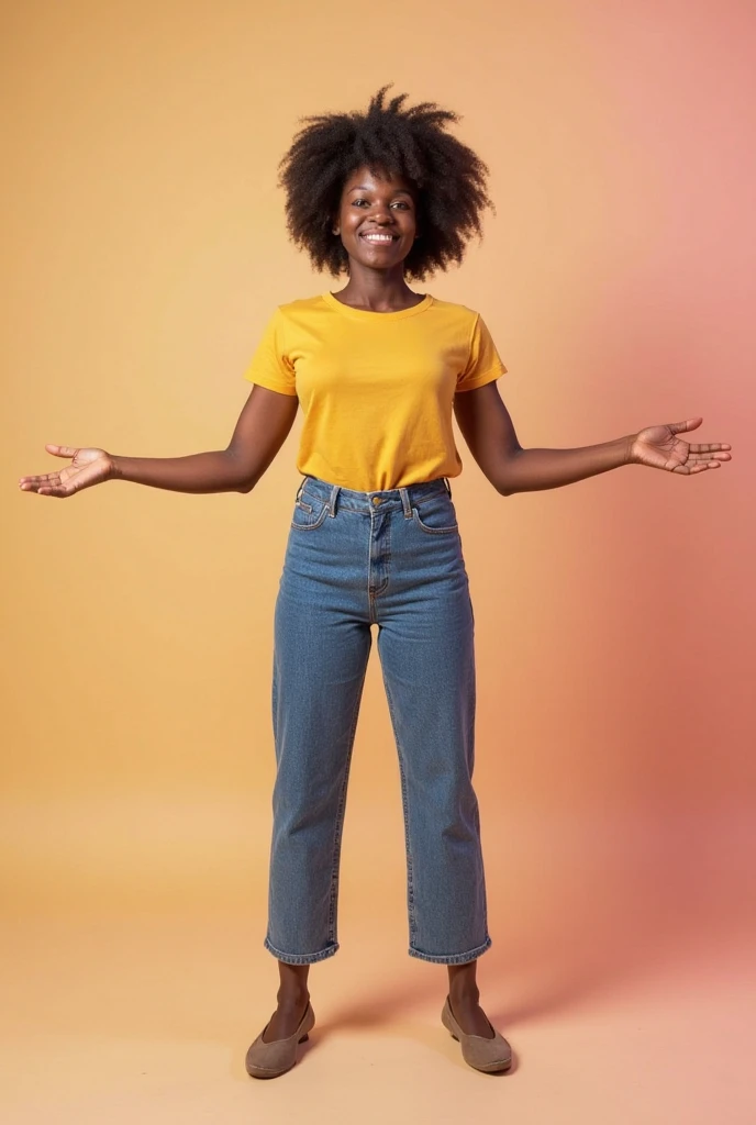 a one woman, Poses for photos alone, with open arms smiling
/ solid bottom