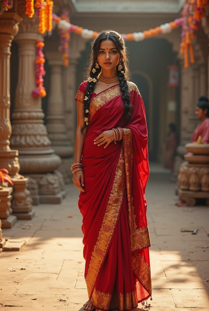 A woman in a white saree red border pallu on head with bindi Bengali style