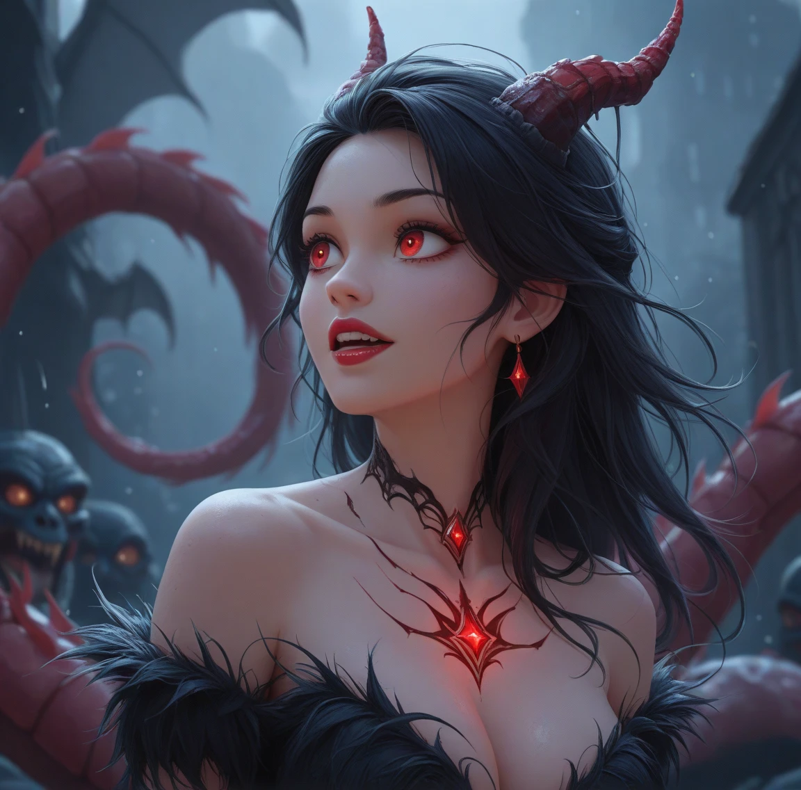 (((Masterpiece))), Best Quality, Hyper Detailed Gouache Style Painting Portrait of a Group of Enchanting Female Demons, Glowing Red/Yellow Eyes, Smooth Shadows, Hyper Realistic Textures, 8K, Best Quality, Realistic Cartoony Features, Stylized Illustration, Smooth Shadows, Correct Anatomy, Chromatic Aberration, Neon Highlights, Global Warm Lights, Dynamic Poses, Expressive Facial Expressions. This artwork, a testament to the artist's mastery, showcases a captivating ensemble of female demons. Their eyes glow with an otherworldly rad