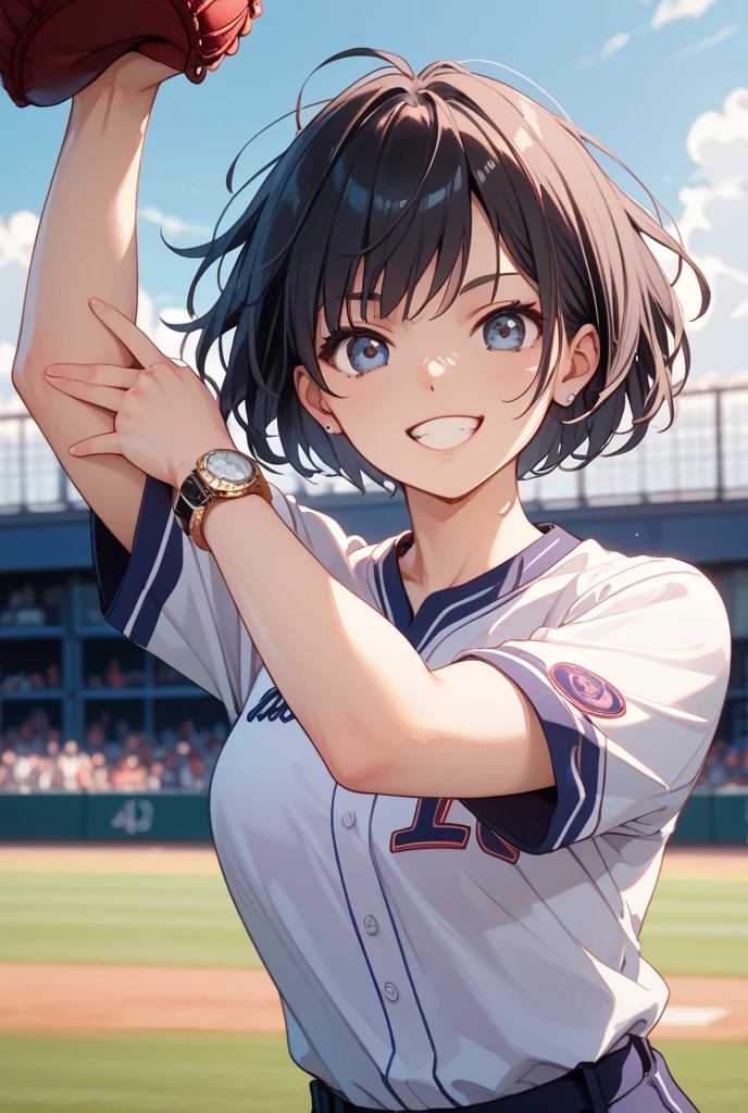 Official Art, wallpaper, Very detailed, (((Very detailedな目と顔))), Realistic portraits, (Highest quality, masterpiece, High resolution), (High resolutionスキン: 1.2), 8K Ultra HD, Backlight, Background Blur, smile, One Girl, Girl in white shirt, Beautiful girl, Attractive and beautiful, Beautiful face and perfect skin, Diffused, Natural skin glow, Attractive and beautiful, Enveloped in golden light, Gorgeous and attractive face, Soft Golden Hour Lighting, natural beauty expressive pose, Soft golden light, Attractive girl, Beautiful girl, Golden Background, 10 years old, Bobcut, Dynamic Angle