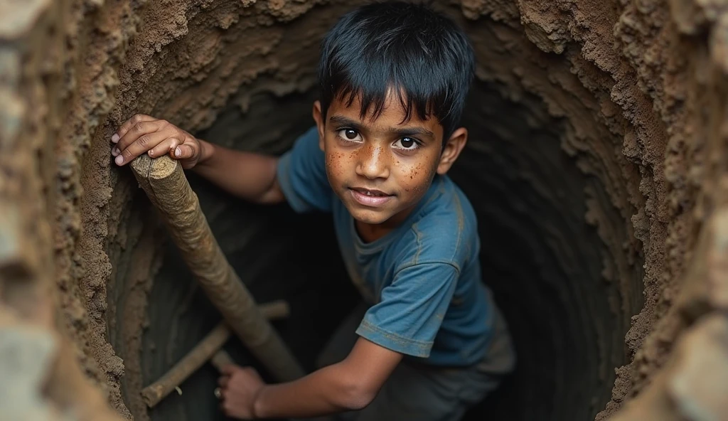 A handsome 12 year old boy crawled out of a dung heap