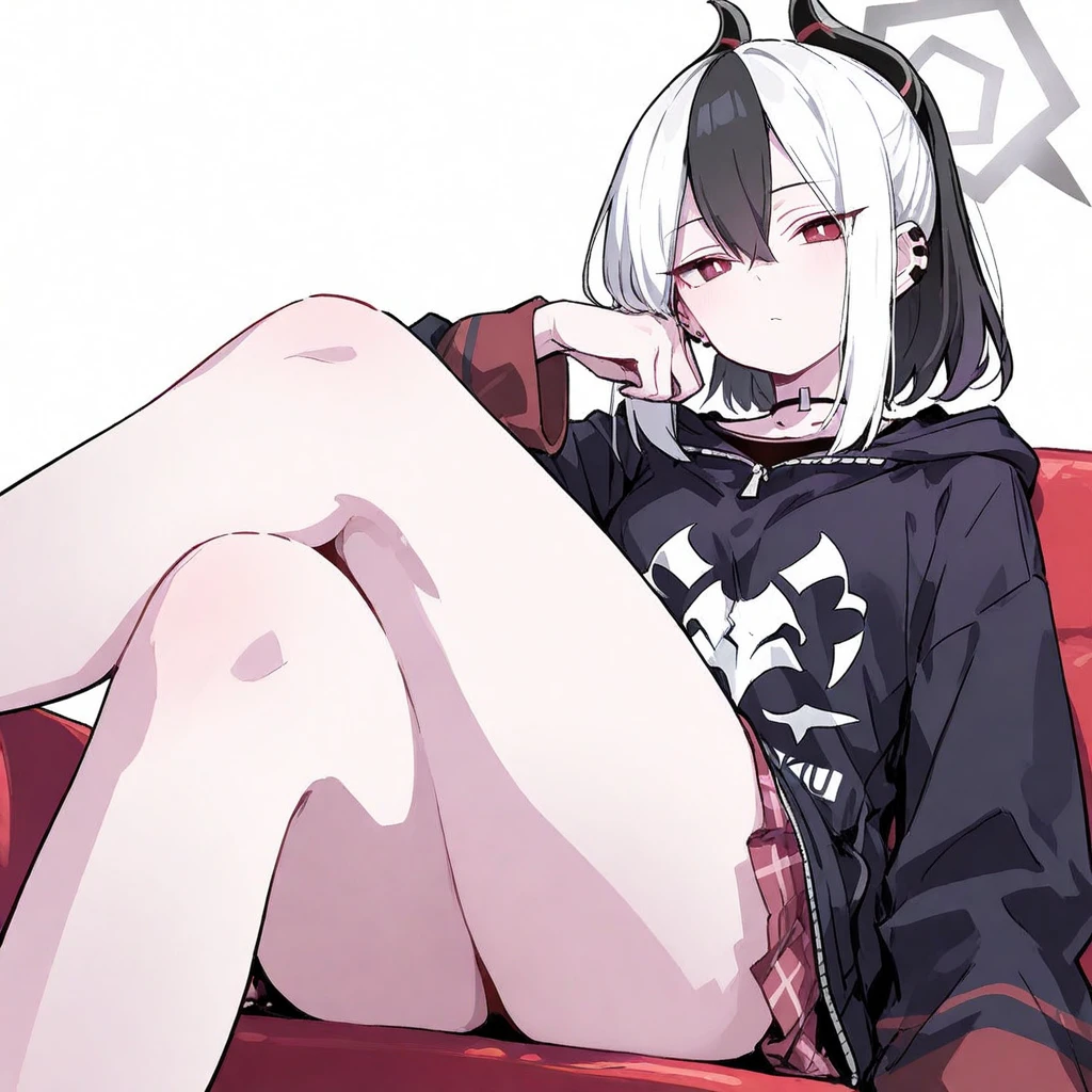 (best quality,4k,highres,masterpiece:1.2),ultra-detailed,realistic,anime,SFW,young woman,white hair,ragged hair,mentally unstable,dirty,unhygenic,unkempt,short hair,messy hair,crazed expression,insane, joyous expression sharp teeth,shark teeth,red eyes,crazy eyes,wearing a tight shirt,wearing panties,casual clothes,background with dark colors,shadowy lighting,dark lighting,humid atmosphere,sexual undertones,suggestive pose,blood-lust,blood in mouth,blood on face,bloody,murderer,unsettling vibe,littered with discarded objects,intirior,messy room,1 character,solo.