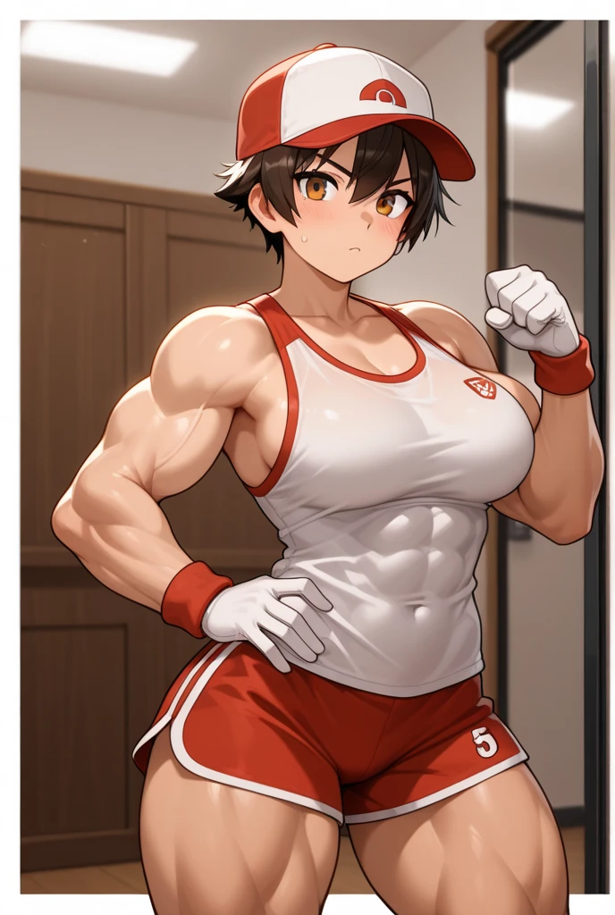 pokemonmay, blue eyes, brown hair, bandana, long hair, red bandana, twintails, hair between eyes, bike shorts, collared shirt, gloves, microskirt, multicolored shirt, pencil skirt, red shirt, shirt, short sleeves, skirt, white skirt,muscular,female,bodybuilder,strong,toned physique,ripped muscles,lean body,fitness enthusiast,empowered,confident,posing on the stage,determined expression,fierce competition,bulging biceps,sweat dripping,veins popping,athletic physique,intense workout sessions,defined abs,strong legs,bulky shoulders,disciplined lifestyle,dedicated training regimen,fitness inspiration,endurance,unstoppable force,barbell,weights,exercise equipment,stamina,perseverance,sculpted arms,powerful presence,fitness model,athleticism,competition preparation,high-intensity training,competition stage,striking physique,mental fortitude,motivation,hard work,persistence,inspiring,admired by others