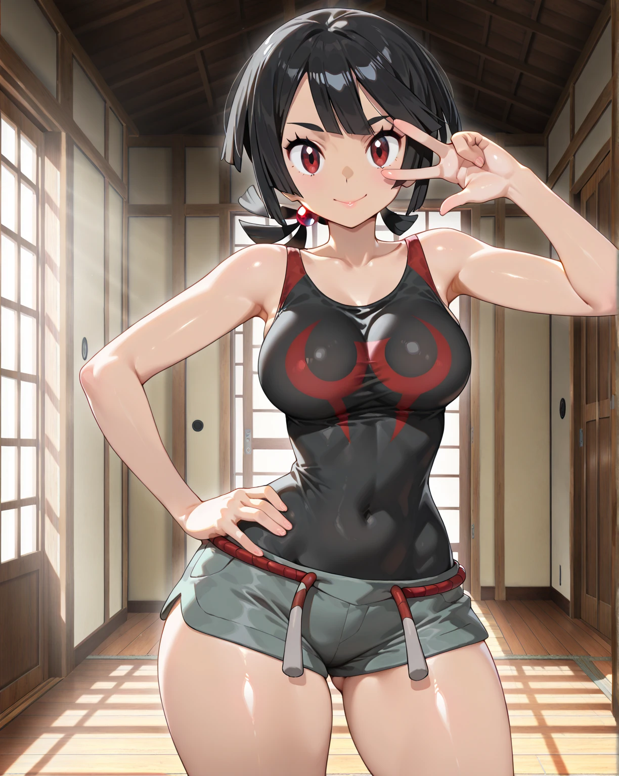 (hinata\(boruto\), (high quality, anime, standing, ultra detailed body and face and arms, VERY HIGH RESOLUTION), ((wrestling outfit: mini leather bra for wrestling, arm strap, arm strap, thong for wrestling)), ((slender woman, off-shoulders, wide shoulders, (long belly), thick arms, super detailed body, smile)), ((bent arms)), (round medium-big breasts, cleavage), closed mouth), tan skin, ((floating hair, dark blue, short hair, hime cut، loose hair), (background: simple white background only), (background: simple white background only, windy)