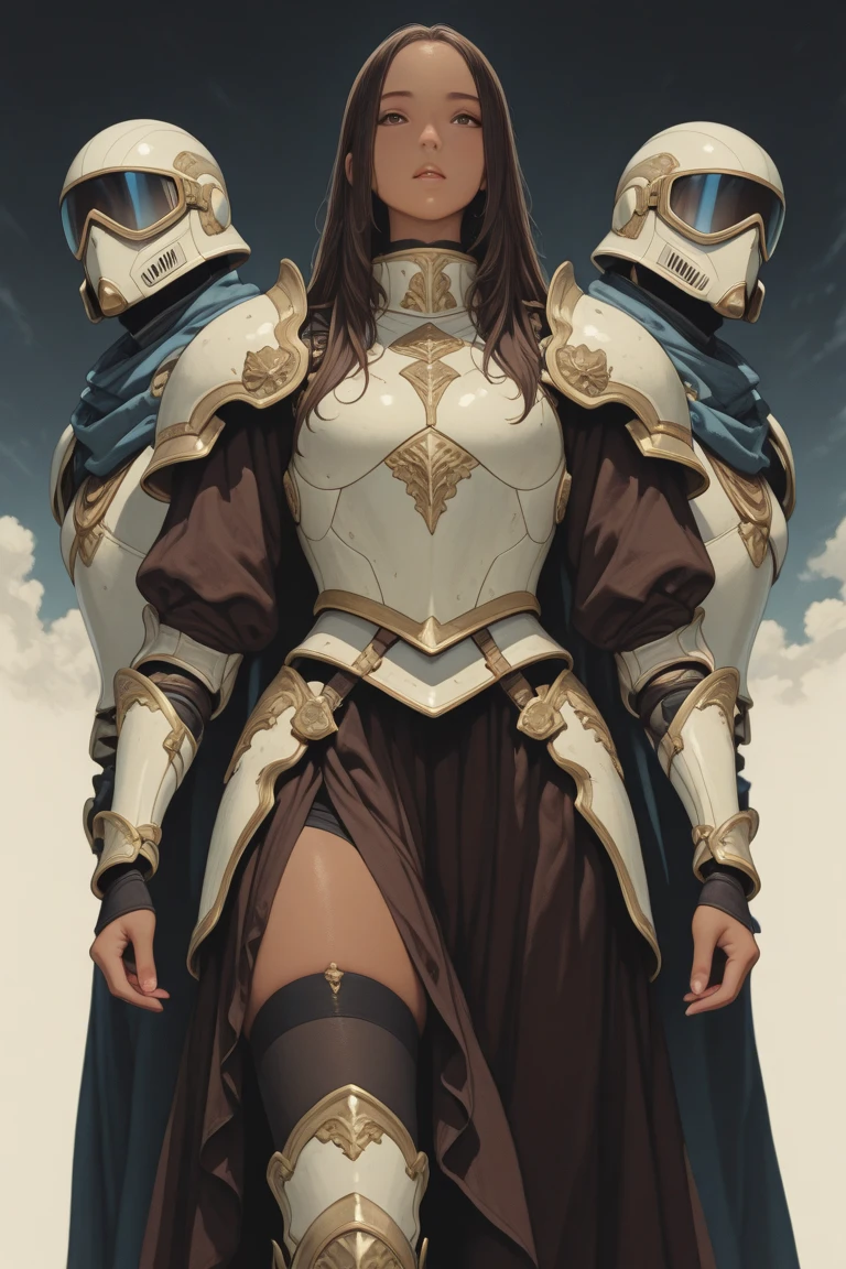 (((black skinned female warrior))), long white hair, golden eyes, dynamic pose, wearing Victorian era armor, ((background: a sky full of clouds))