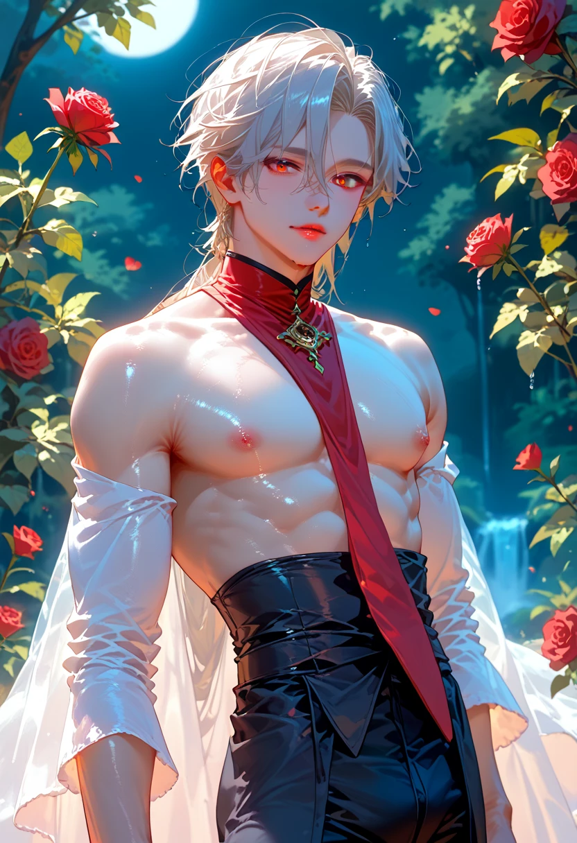 absurdres, highres, ultra detailed, HDR, master piece, best quality, Gojou Satoru, white hair, expressive blue eyes, white eyelashes, Jujutsu Kaisen, solo, sexy man, handsome, horny, lewd, demon, horns, black leather clothes, red cape, accessories, showing the chest, castle, red moon, red trees, red spider lilies, fantasy, dark magic