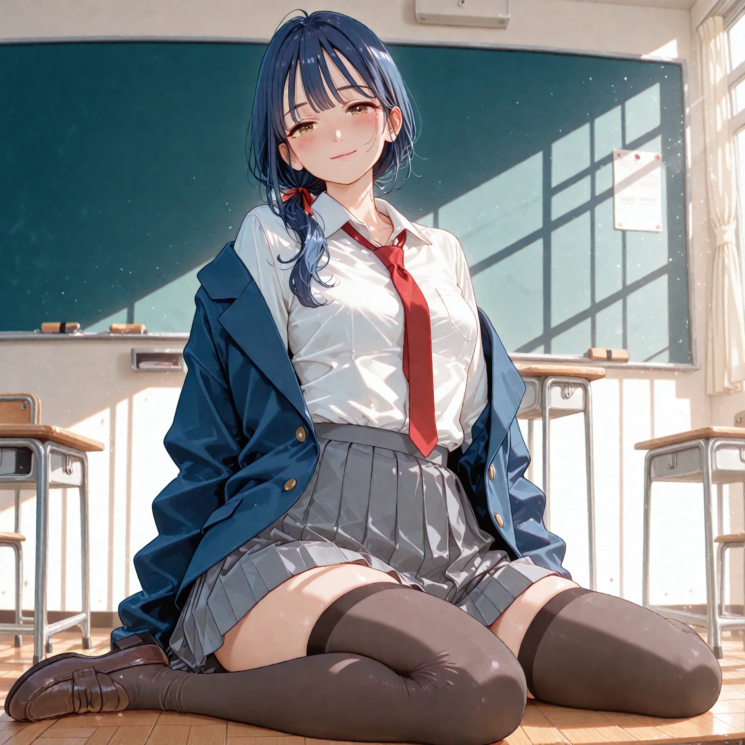 Top quality, masterpiece, High resolution, (Head to toe full body), front, frontやや下からの構図, Symmetric, Tall 18 year old girl, alone, (Head to toe), (Small breasts), bangs, (black tights), (Black Pantyhose), (Sit with your legs apart), (Crouching pose), (A composition showing white panties), (Her legs were spread、I see your white pants.), (I was made to sit on the floor with my legs spread..), (M-shaped legs), Thin legs, A very beautiful and tall 18 year old girl, (No shoes), blush, Shy big eyes, looking at the camera, Blazer Uniform, Checkered Pleated Skirt
