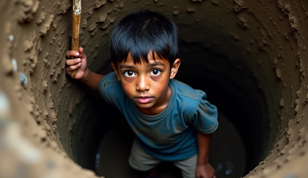 Now Bangladesh is flood affected. A Bangladeshi village is attack by flood. Generate a Bangladehi cute Baby picture which background is Bangladeshi village. A Affrid cute baby of village which is affected by flood, his age is 2 years. He is tearing deeply. As if that Picture emotionally black mail of Bangladeshi people. 