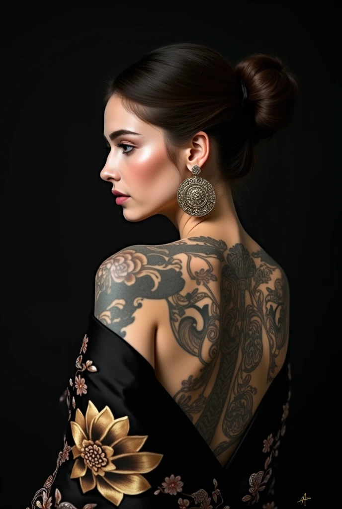 A captivating portrait of a boldly adorned young woman showcasing an intricate full-back tattoo
dvr-frft