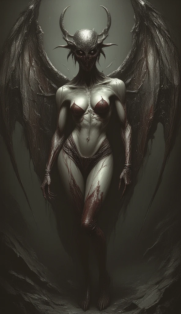 monstrous, Beautiful, Masterpiece, Best quality, perfect lighting, NSFW, monster smile with crooked fangs, mask covering eyes, Very skinny, disproportionately long arms, head of a vulture, scruffy dirty feathers, A sinister aura, something, chained, deity, cultist clothing, full body
