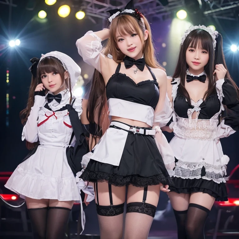 8K resolution, surreal, Super detailed, high quality, perfect anatomy, jammed, (3 women)++, group shot, smiling, cute face, Phenomenally cute, perfect proportion, full body, (shiny satin, jirai fashion, short dress with many frills, Lace, micro mini skirt, bow ribbon)+++, night neon street background, (bleached short gold hair)+++, large breasts,