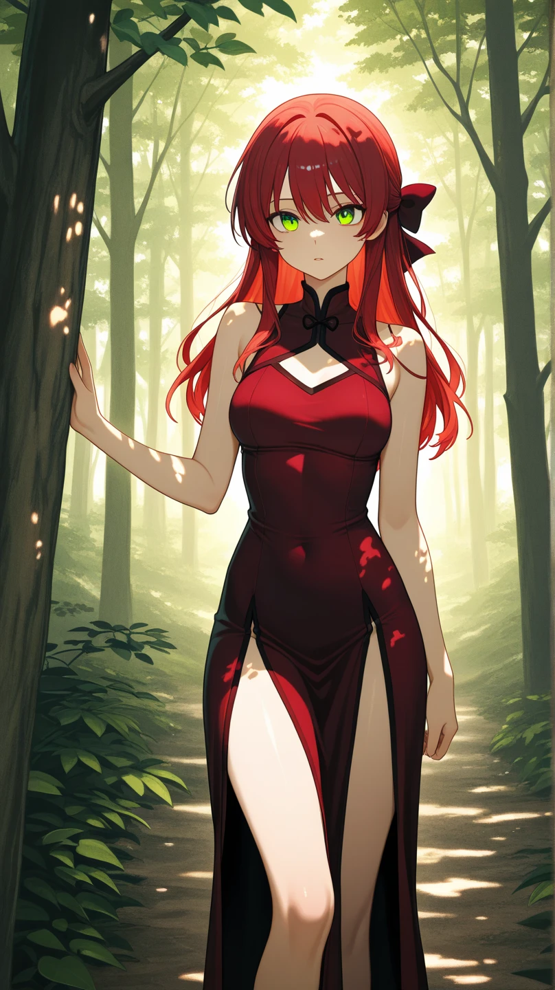 Mature, 20 years old, Red hair, Dress, seductive pose, medium breasts, skinny, Sexy, Create a full-body shot of a female character with long hair and a white streak on one side. She has large, expressive yellow eyes and pointed elf-like ears, and her expression should be one of surprise or curiosity. The background should be a forest setting with green trees and a natural ambiance, making the image suitable for an iPhone wallpaper
