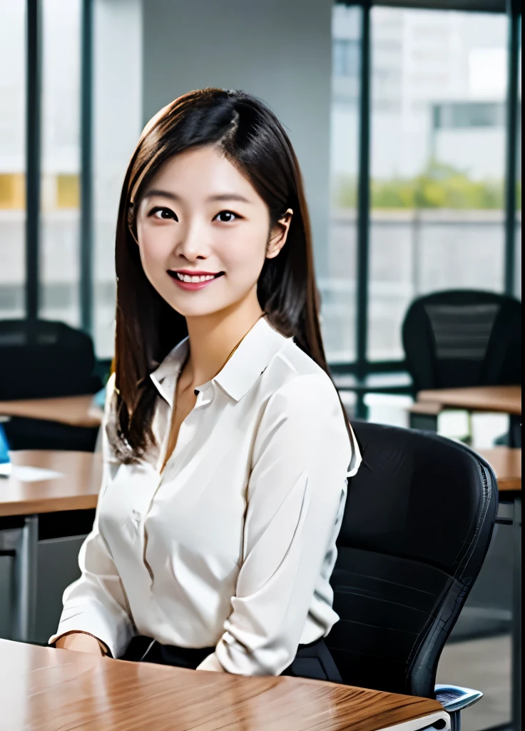 A professional photograph shows a young Japanese woman in a private company conference room, captured from head to knees. The woman has a 20-year-old face with a composed smile, wearing a white professional skirt and a white blouse with a wide neckline showing décolleté. The conference room setting features a large wooden table, office chairs, and neutral-colored walls with corporate artwork. Professional portrait photography with soft studio lighting and shallow depth of field focused on the subject against a blurred office background.