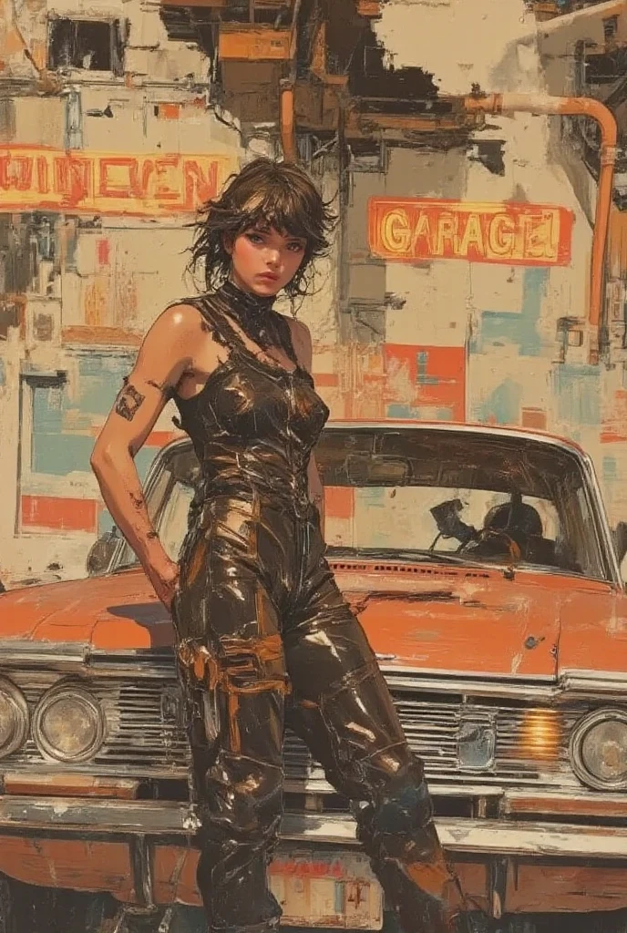 road sign in the desert rusty smooth metal panel with screwed and welded parts, advertisement with a girl in lingerie, in the distance you can see a futuristic city (Dave Mckean inspired art, intricate details, oil painting)