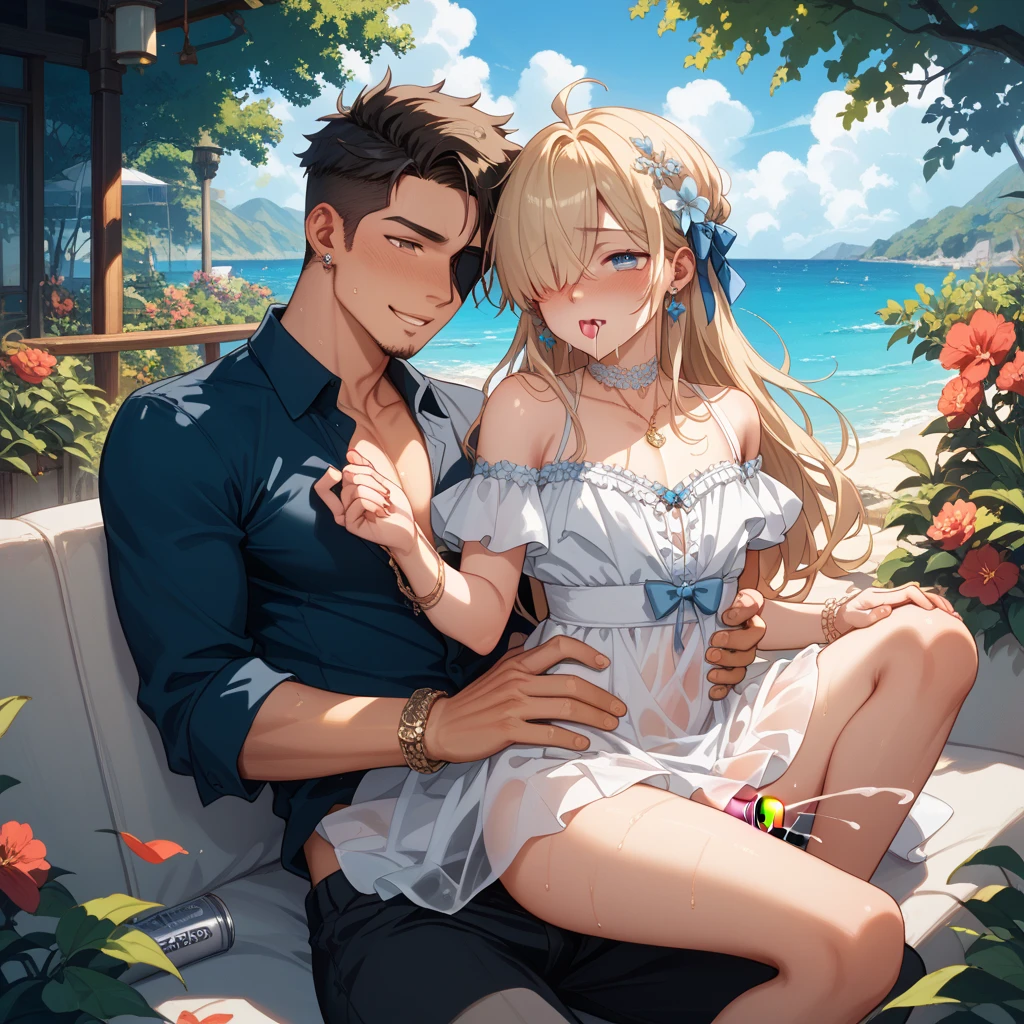 A sexy girl in her twenties seduces a beautiful 15-year-old boy wearing shorts with her breasts