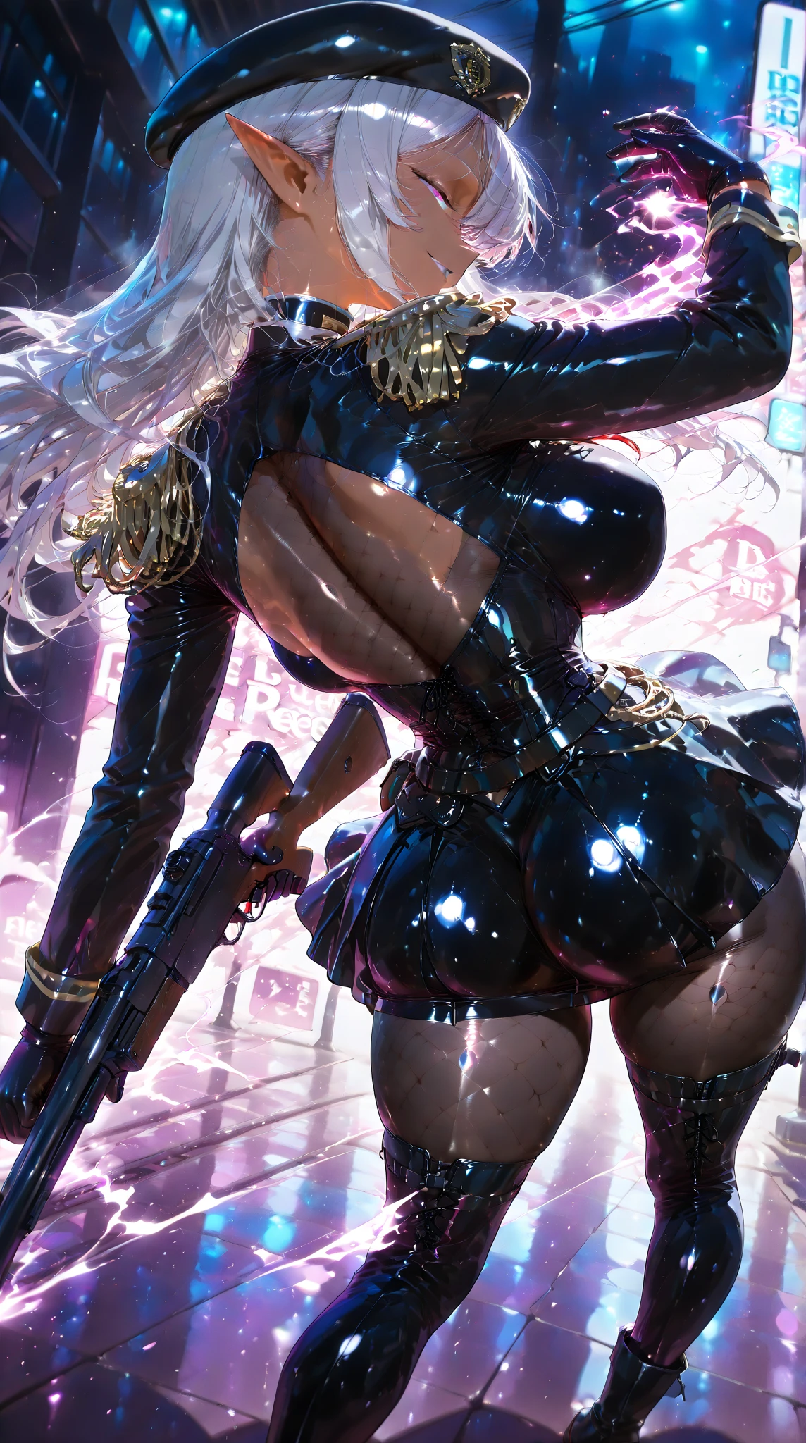 nsfw 、Big Breasts、Patent leather cupless bra、Erect nipples、Thigh-length patent leather boots、High heels、leather jacket、Leather pants、Pussy love juice、Love juice drips down my thighs、Ahegao、((An erect penis pointing upwards is attached to the groin area.))、((Excessive mucus discharge from the tip of the penis))
