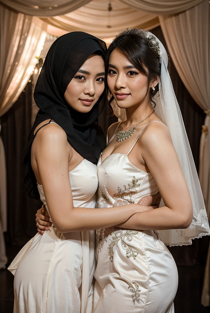 2 Malay girl kissed each other, wearing hijab , wedding dress