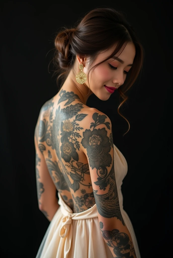 neck Tattoo, upbody, backview, from above, detailed background, by botaniplan von lee chi, best quality, masterpiece, very aesthetic, perfect composition, intricate details, ultra-detailed