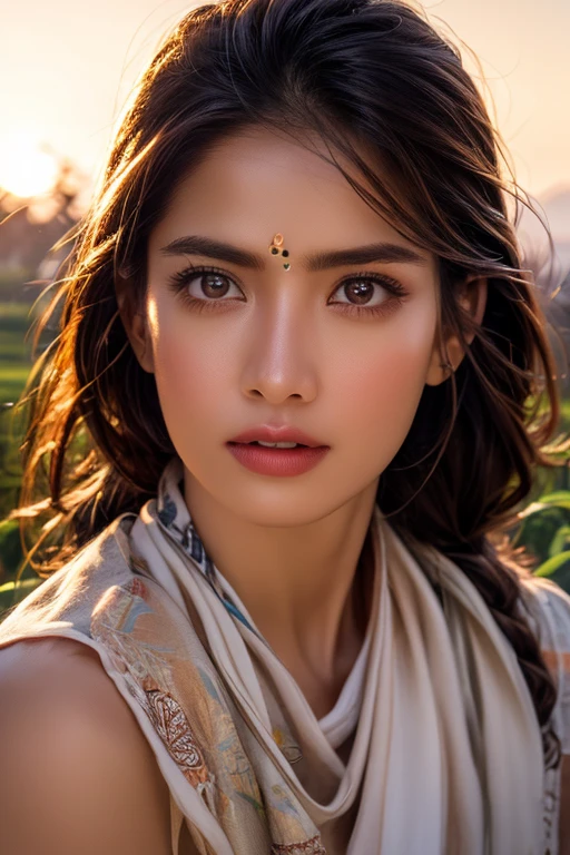 (((desi girl))), chubby face, natural skin, wearing hot deep neck khamir salwar and dupatta, charming black hair, Badi Choti ((hair ends are blonde)) Khet Mein Bada gana Khet background, bokeh